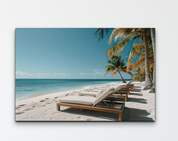 Tropical Beach Palm Trees Lounge Chairs Sunny Shore Wall Art