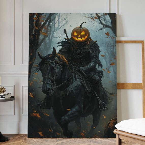 Headless Horseman with Glowing Jack O Lantern Riding Black Horse Art Poster