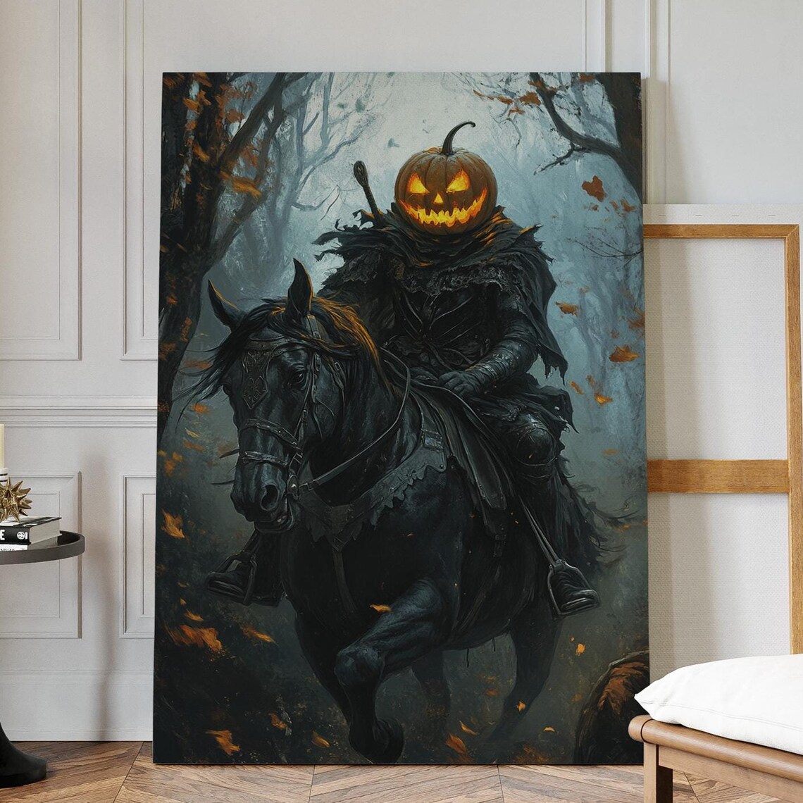 Headless Horseman with Glowing Jack O Lantern Riding Black Horse Art Poster