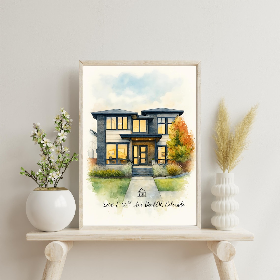 Custom Watercolor House Portrait Modern Two-Story Denver Home Art Poster