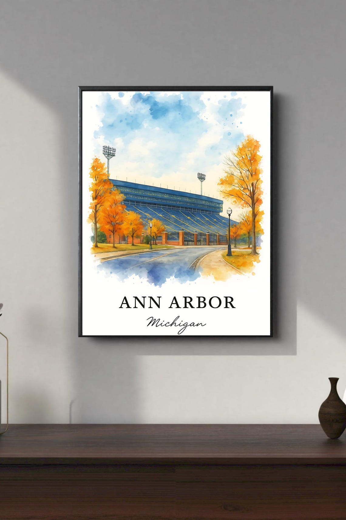 Ann Arbor Big House Michigan Stadium Autumn Watercolor Poster