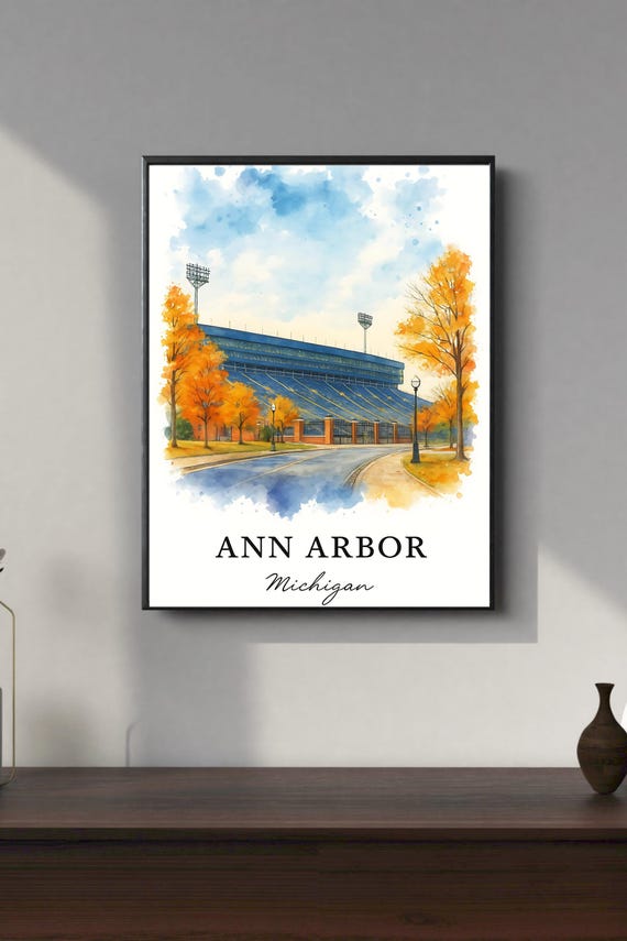 Ann Arbor Big House Watercolor Print Michigan Stadium Wall Art College Football Decor Framed Or
