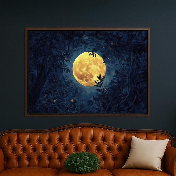 Golden Full Moon Canvas Wall Art Mystical Night Forest Decor Print