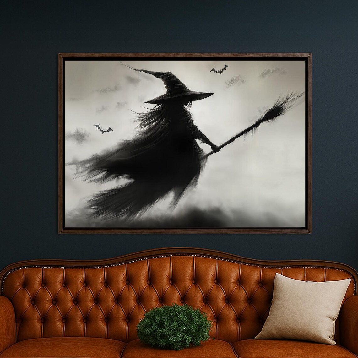 Witch Flying On Broomstick Canvas Wall Art Spooky Gothic Halloween Decor