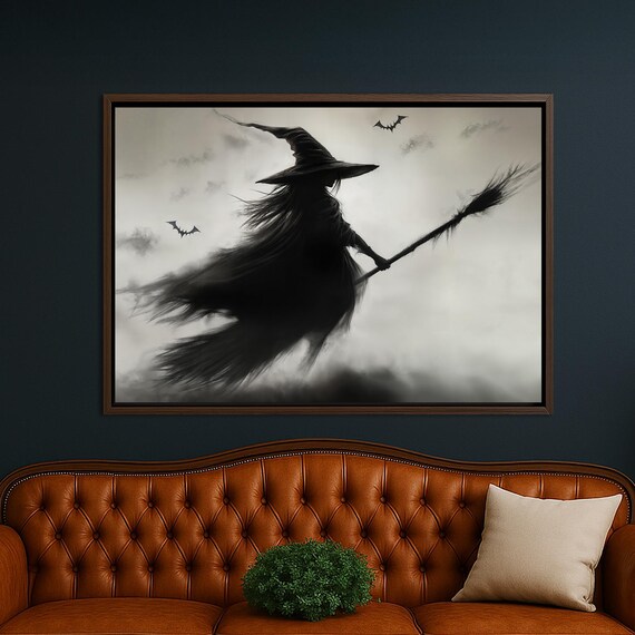 Witch Flying On Broomstick Canvas Wall Art Spooky Gothic Halloween Decor