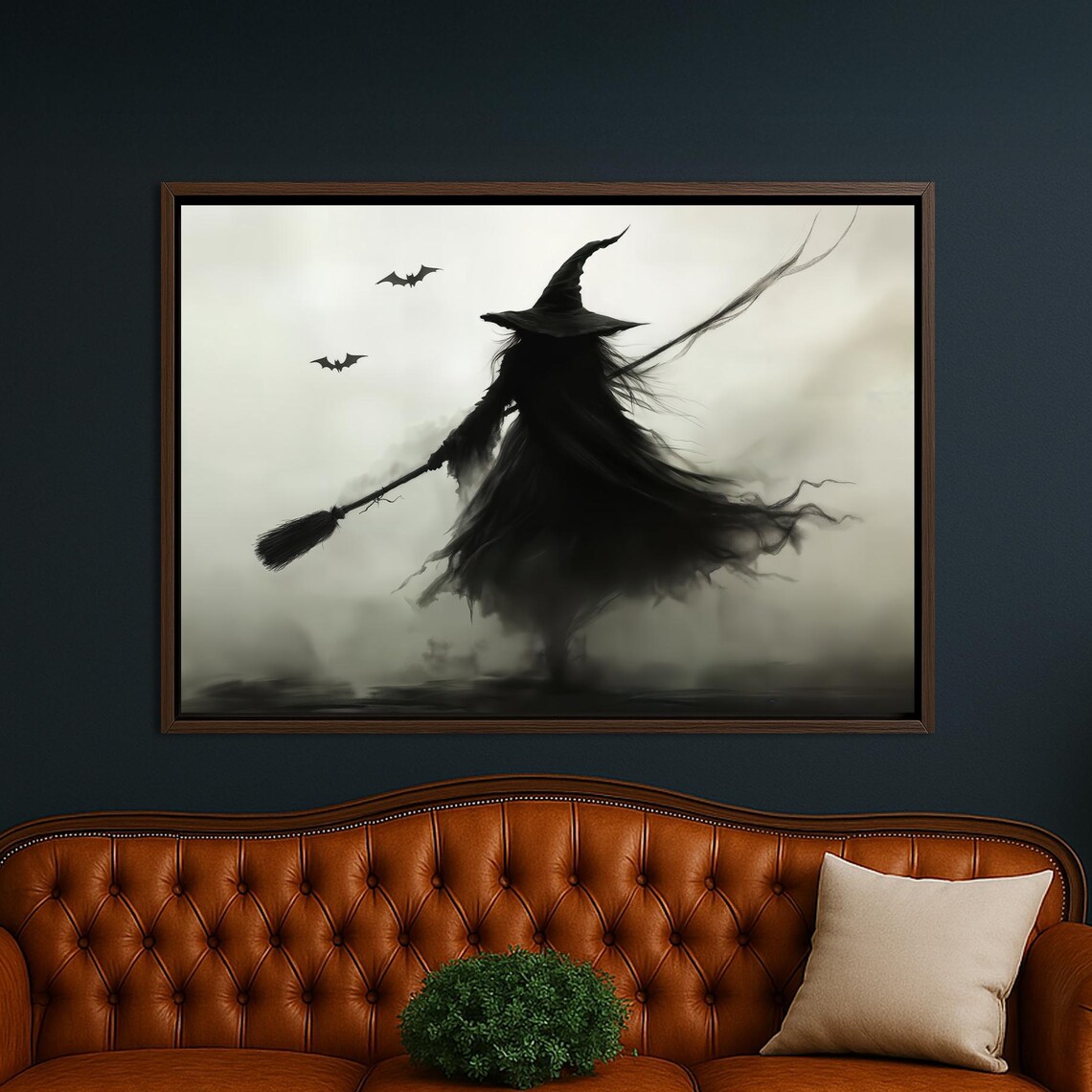Dark Witch On Broomstick Canvas Wall Art Spooky Bats Haunted Halloween Decor