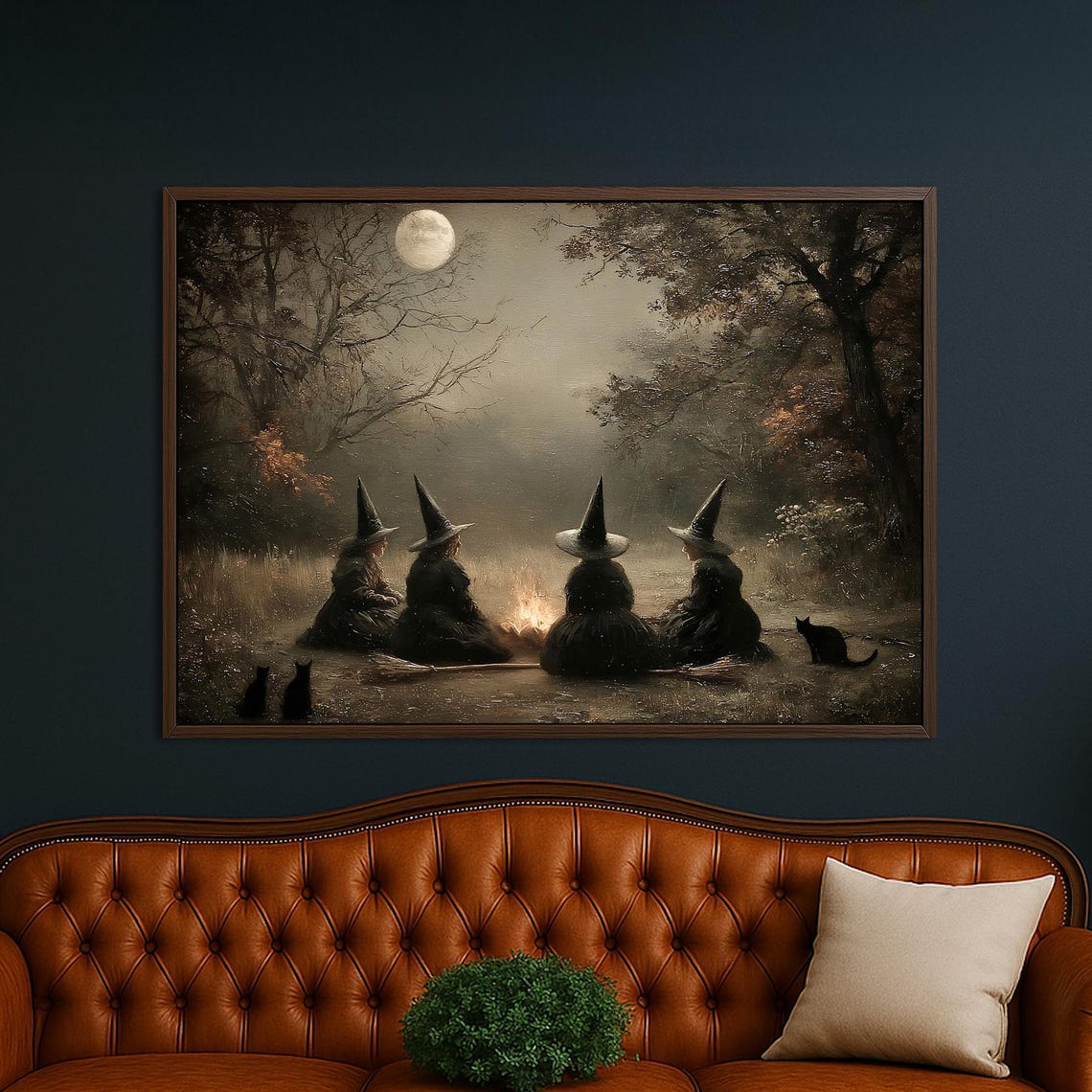 Four Witches Around Campfire Under Full Moon Night Coven Poster
