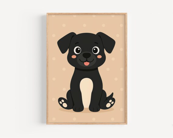 Adorable Black Puppy Illustration Poster For Childrens Room Decor Wall Art