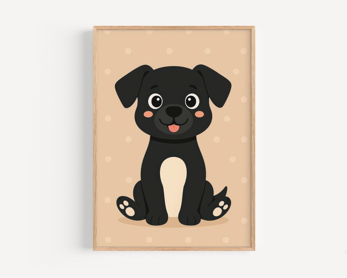 Adorable Black Puppy Illustration Poster For Childrens Room Decor Wall Art