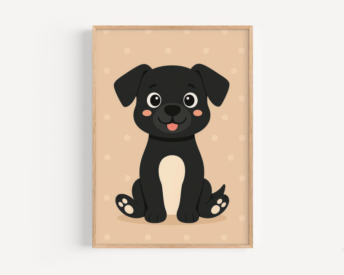Adorable Black Puppy Nursery Print With Beige Polka Dot Background