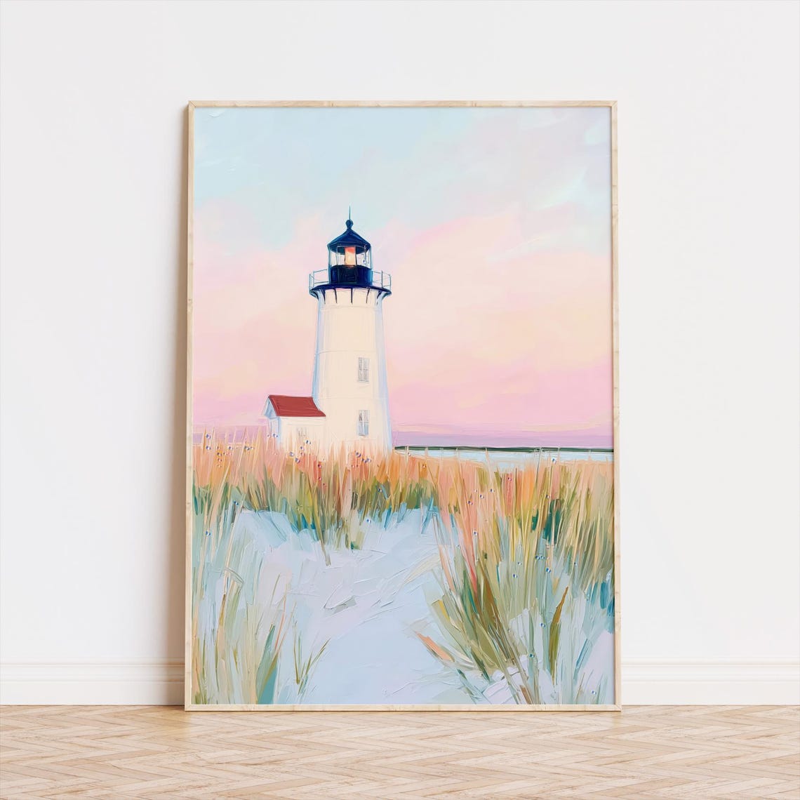 Coastal Lighthouse at Sunset Pastel Beach Landscape Painting Poster