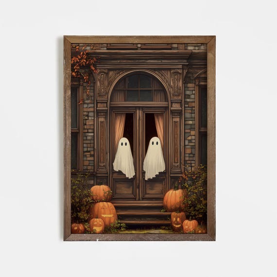 Haunted House Ghosts Halloween Wall Art Spooky Pumpkins Vintage Doorway Print Gothic Fall Home Decor
