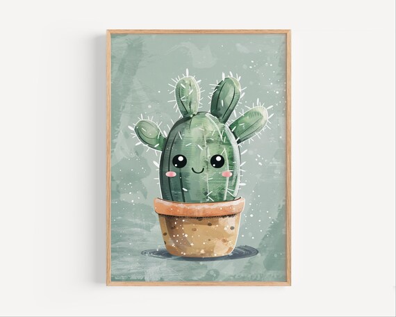 Smiling Cactus Plant In Pot Kawaii Style Green Kids Nursery Decor Poster