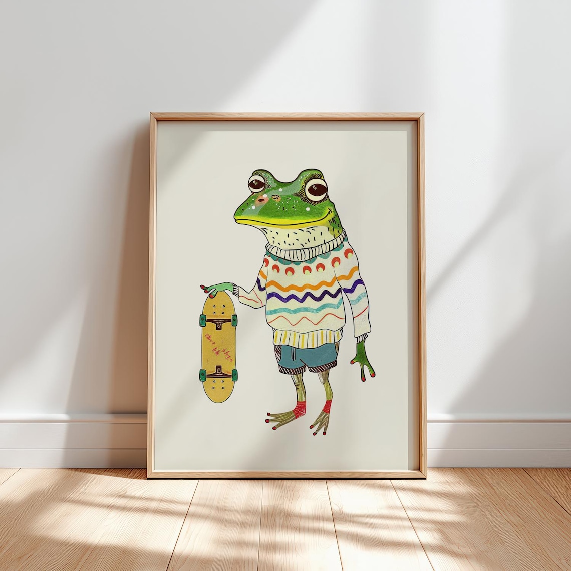 Smiling Frog Skateboard Striped Sweater Playful Kids Animal Poster