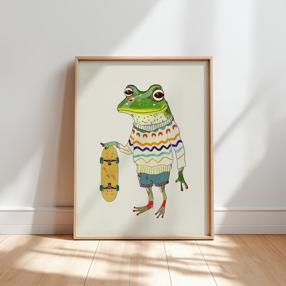 Smiling Frog Skateboard Striped Sweater Playful Kids Animal Poster