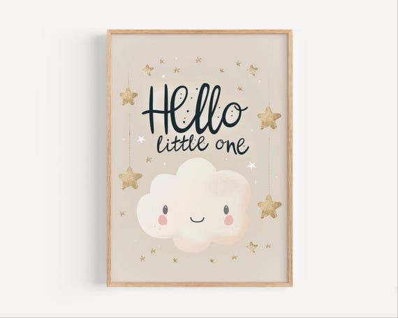 Hello Little One Nursery Print Cloud And Stars Poster Neutral Baby Room Art Beige Gender Decor Cute Wall
