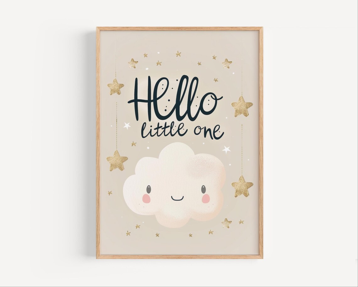 Hello Little One Nursery Poster Smiling Cloud Stars Beige Baby Room Art