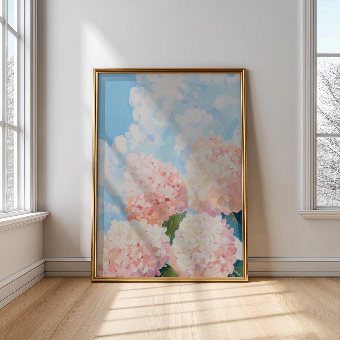 Pink Hydrangea Clusters Against Blue Sky Floral Art Print Decor