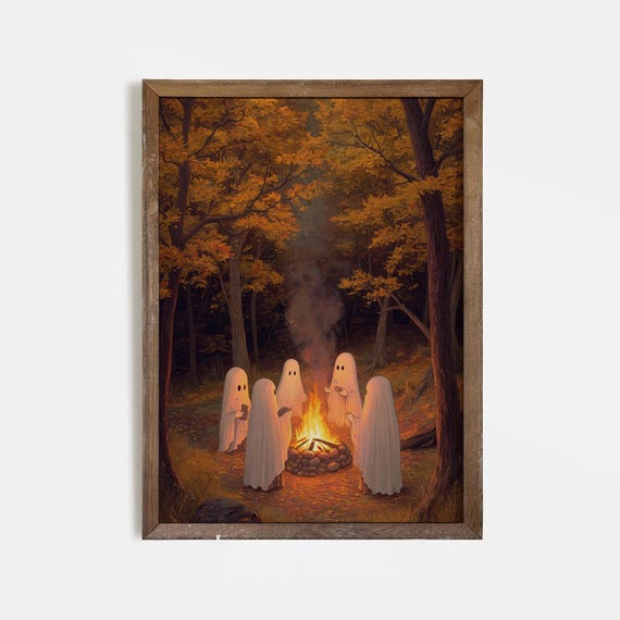 Ghosts Around Campfire Halloween Wall Art Spooky Autumn Forest Cozy Fall Haunted Decor Cute Poster