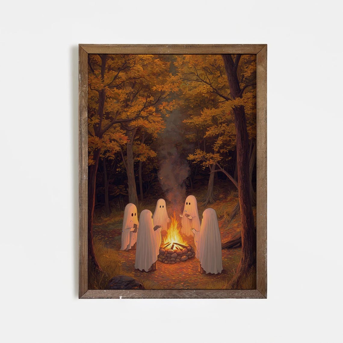 Ghosts Around Campfire Autumn Forest Cozy Halloween Art Poster