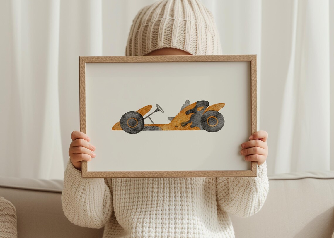 Orange Go Kart Racing Car Watercolor Boys Room Nursery Poster