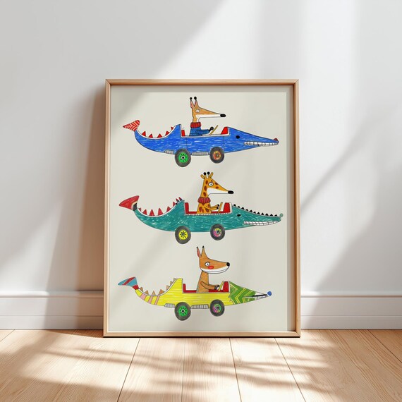 Playful Animals Driving Crocodile Race Cars Kids Nursery Poster