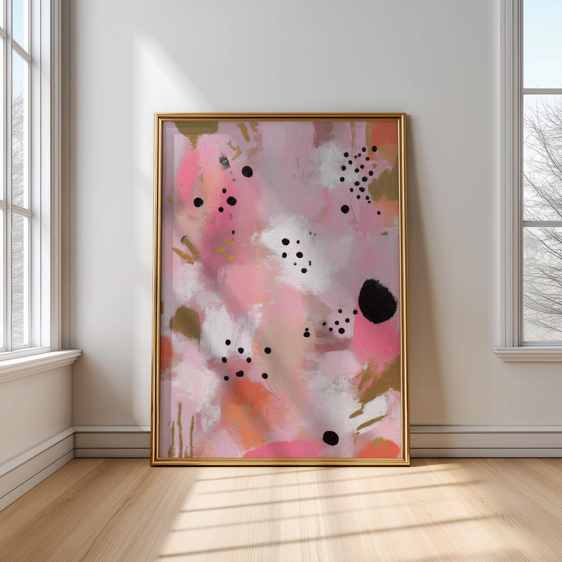 Blush Pink Abstract Painting With Black Dots Gold Texture Poster