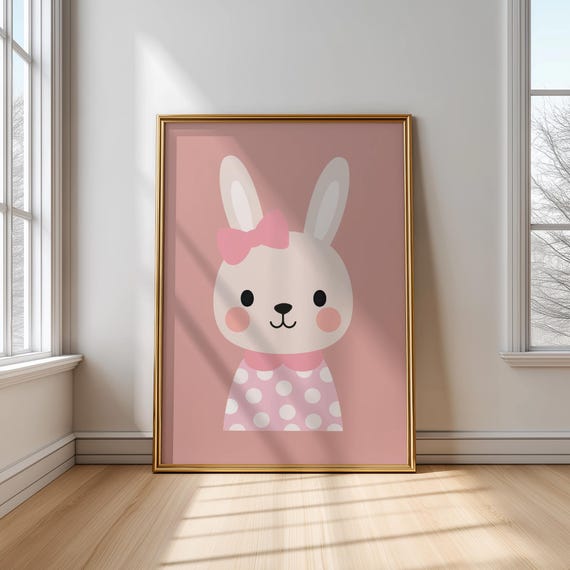 Cute Bunny Wall Art Pink Rabbit Girl Poster For Nursery Baby Room Animal Decor Instant