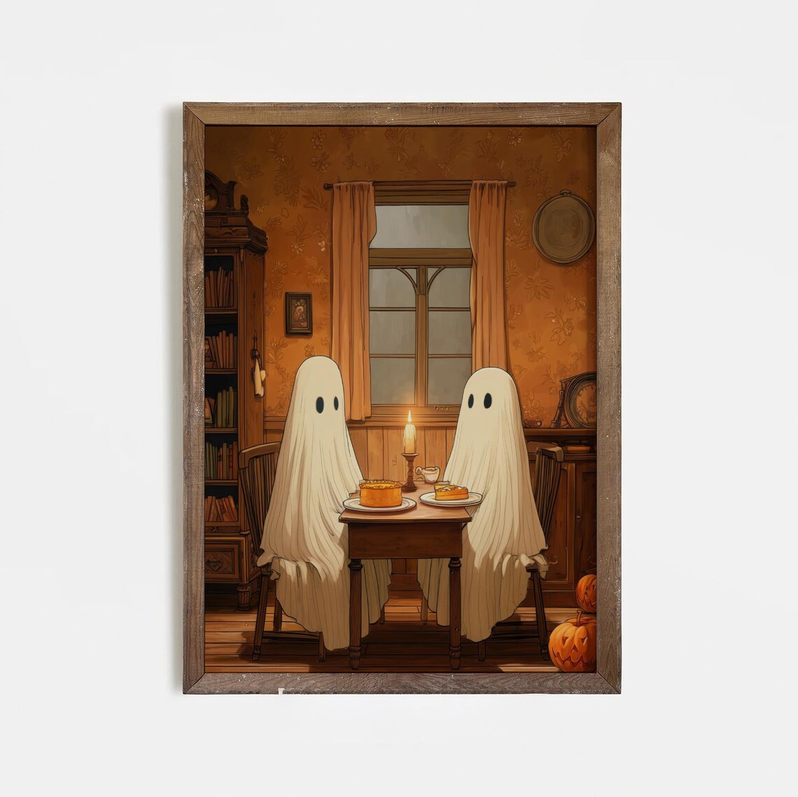 Couple Dinner Art Print Cozy Halloween Illustration With Pumpkin Pie Spooky Cute Wall Decor Autumn Poster