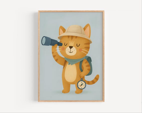 Cat Explorer Poster Jungle Safari Wall Art Adventure Nursery Print Cute Illustration Kids Room Decor