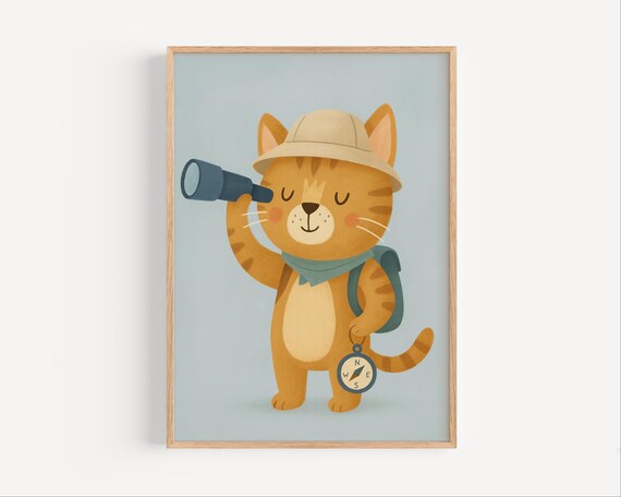Cat Explorer With Binoculars Cute Safari Adventure Kids Nursery Poster