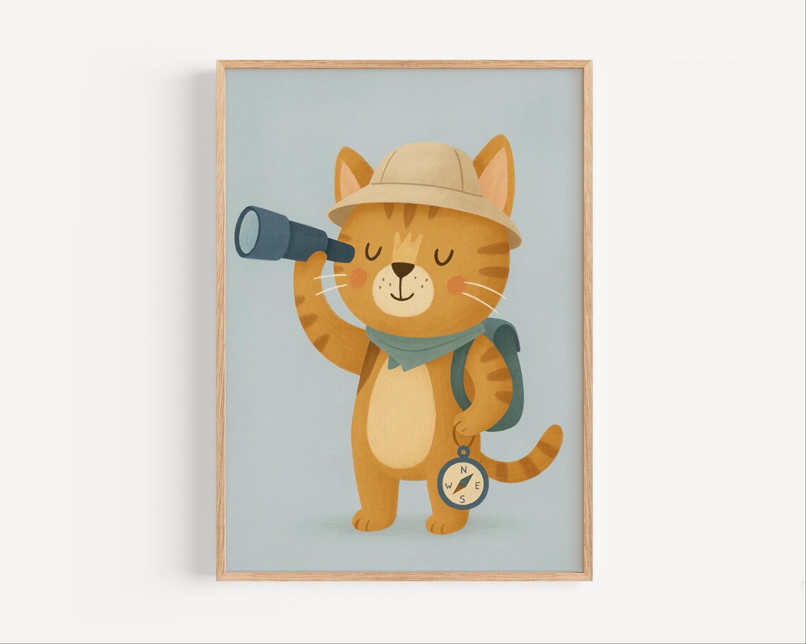 Cat Explorer With Binoculars Cute Safari Adventure Kids Nursery Poster