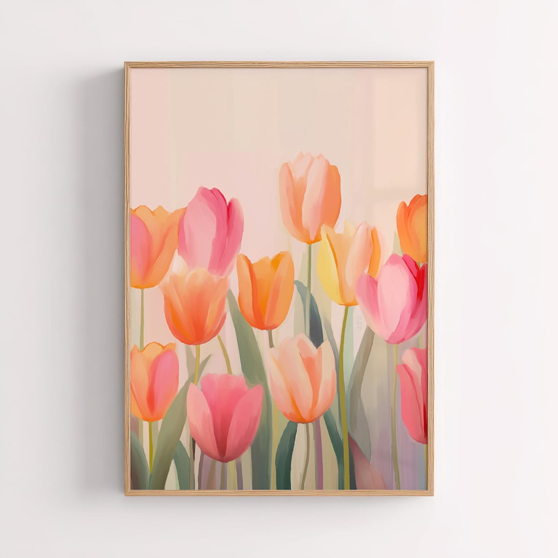 Pastel Pink Orange Tulip Field Spring Floral Watercolor Poster