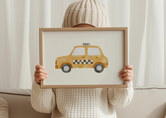 Yellow Taxi Cab Watercolor Illustration Kids Room Nursery Print
