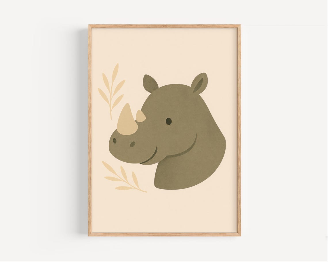 Cute Smiling Rhino Face Minimalist Boho Nursery Animal Art Poster