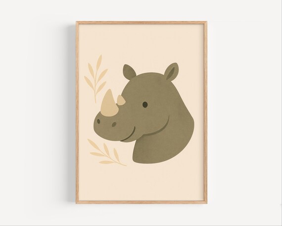 Cute Smiling Rhino Face Minimalist Boho Nursery Animal Art Poster