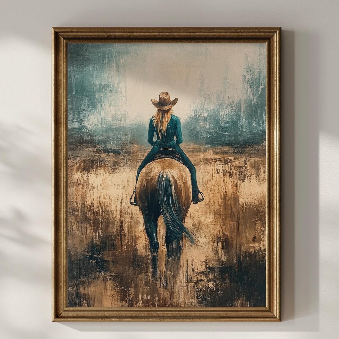 Cowgirl Riding Horse Through Dusty Plains Western Oil Painting Poster