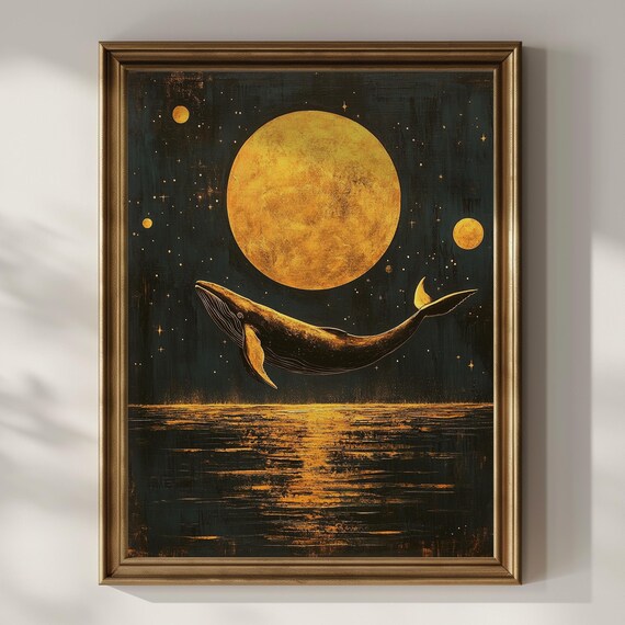 Whale Celestial Night Sky Art Print, Moody Maximalist