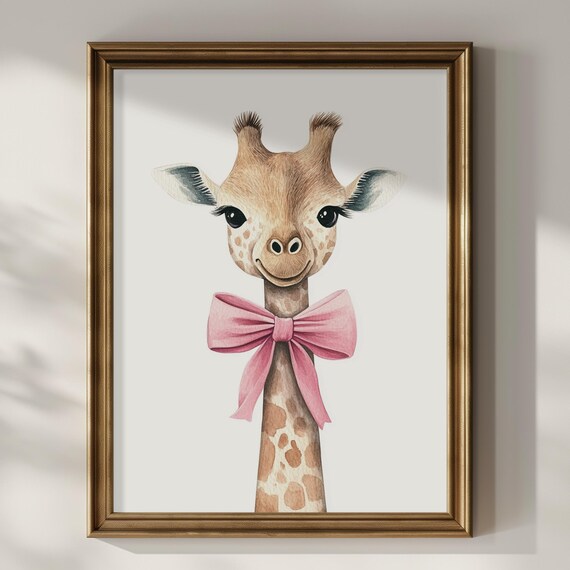 Baby Giraffe Pink Bow Watercolor Cute Nursery Girls Room Decor Poster