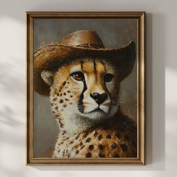 Cheetah Straw Cowboy Hat Vintage Oil Painting Western Wild Cat Decor Poster