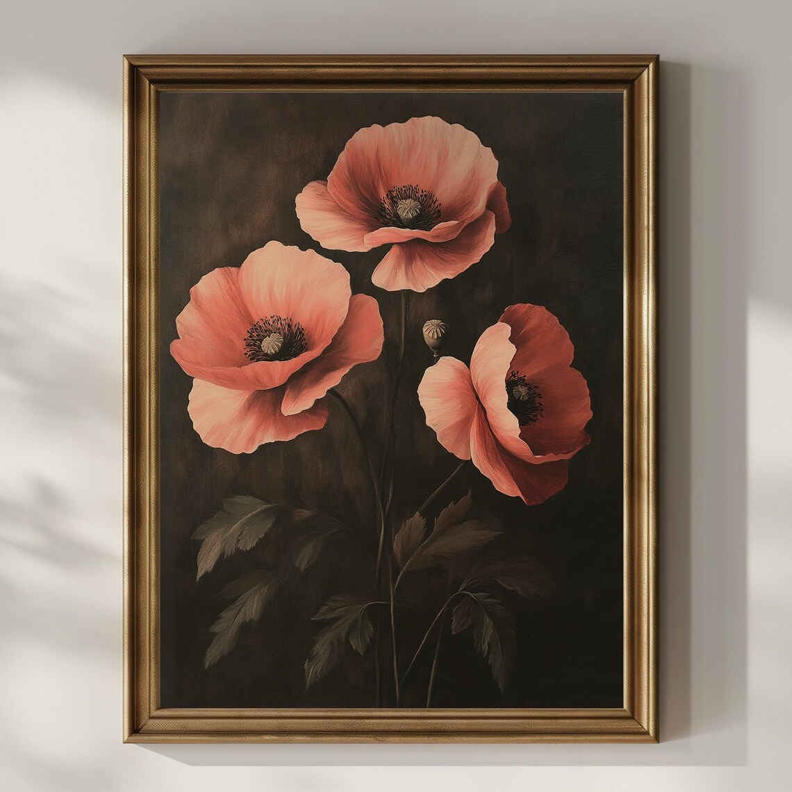 Three Coral Poppies Dark Moody Floral Vintage Garden Botanical Poster