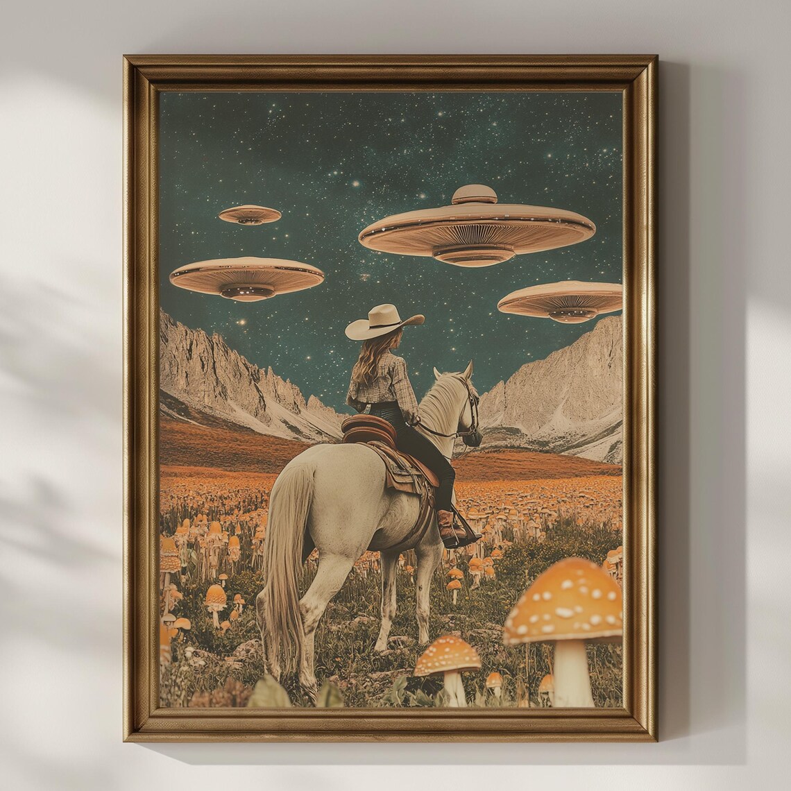 Cowgirl On Horse In Mushroom Field With UFOs Surreal Western Poster