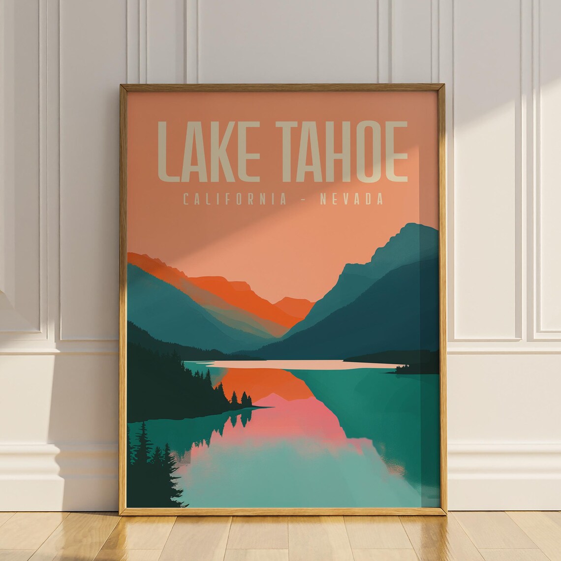 Lake Tahoe California Nevada Retro Travel Sunset Mountain Lake Poster