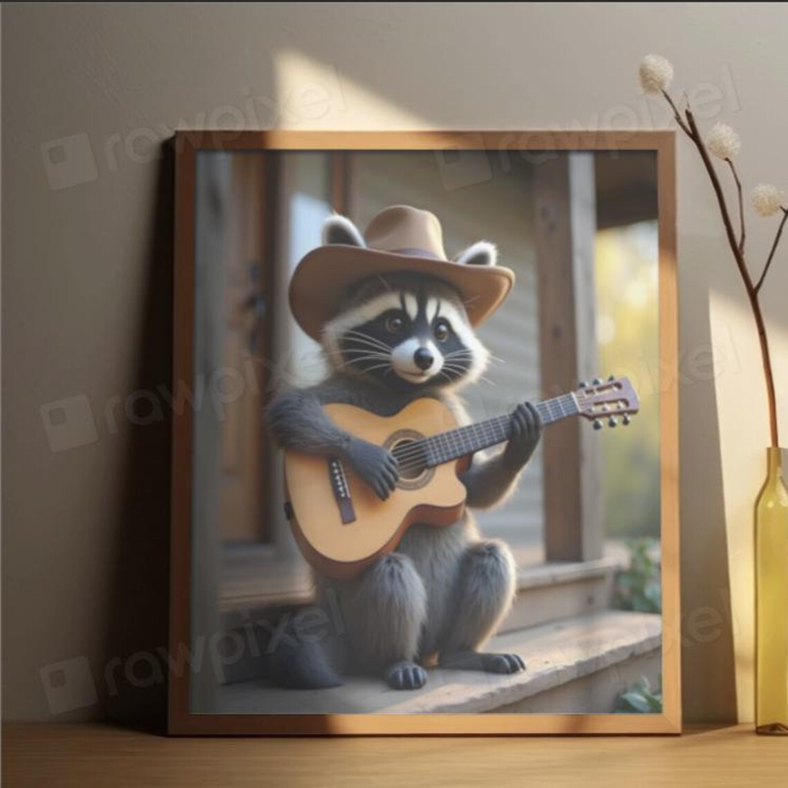 Cheerful Cowboy Raccoon Playing Guitar on a Sunny Porch Poster