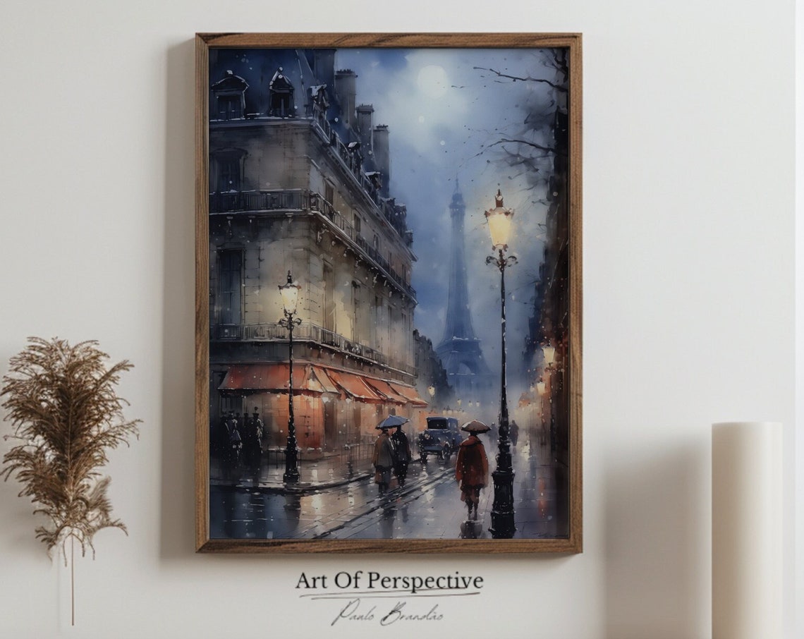 Paris Eiffel Tower Moonlit Rainy Street Night Watercolor Poster