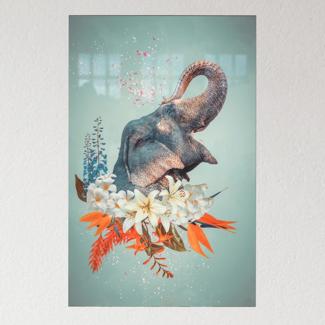 Elephant Head Tropical Flowers Trunk Raised Watercolor Poster