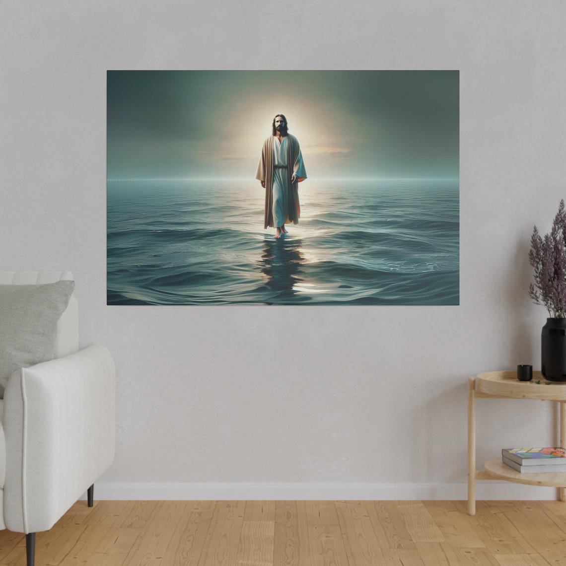 Jesus Walking On Water Sunrise Ocean Christian Faith Wall Poster - Image 2
