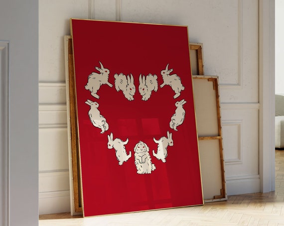 Red Heart Rabbit Poster, Girly Animal Illustration