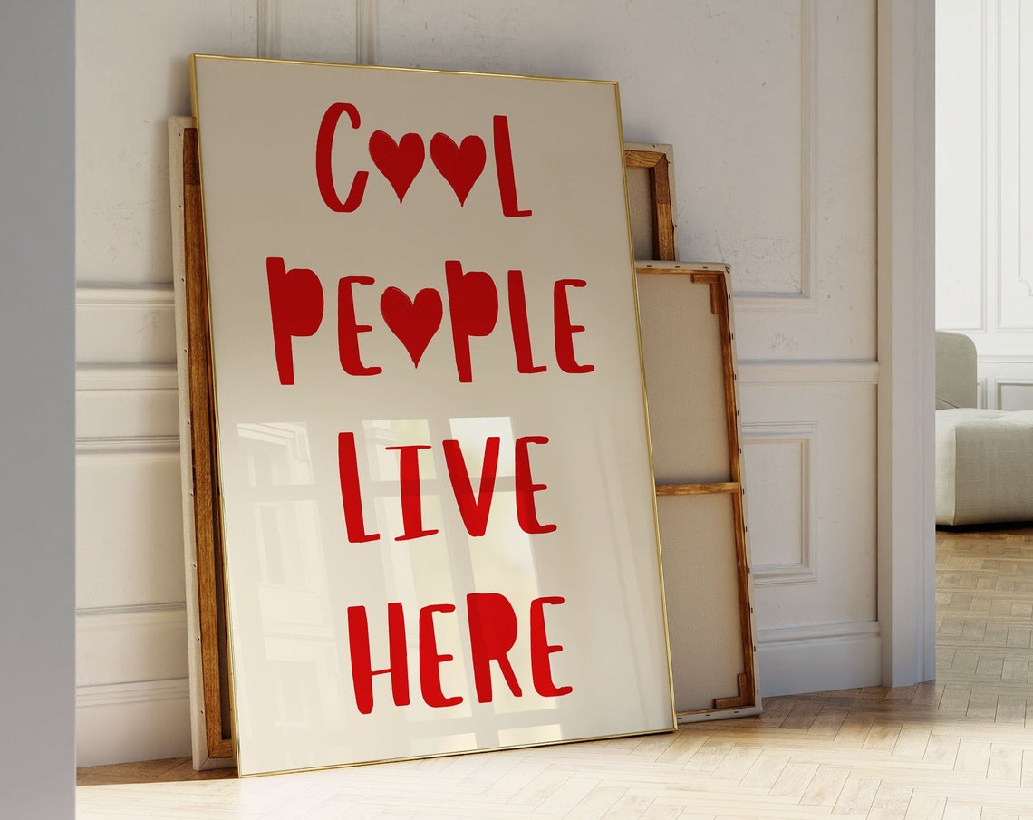 Bold Red Cool People Live Here Hand Lettered Heart Quote Poster