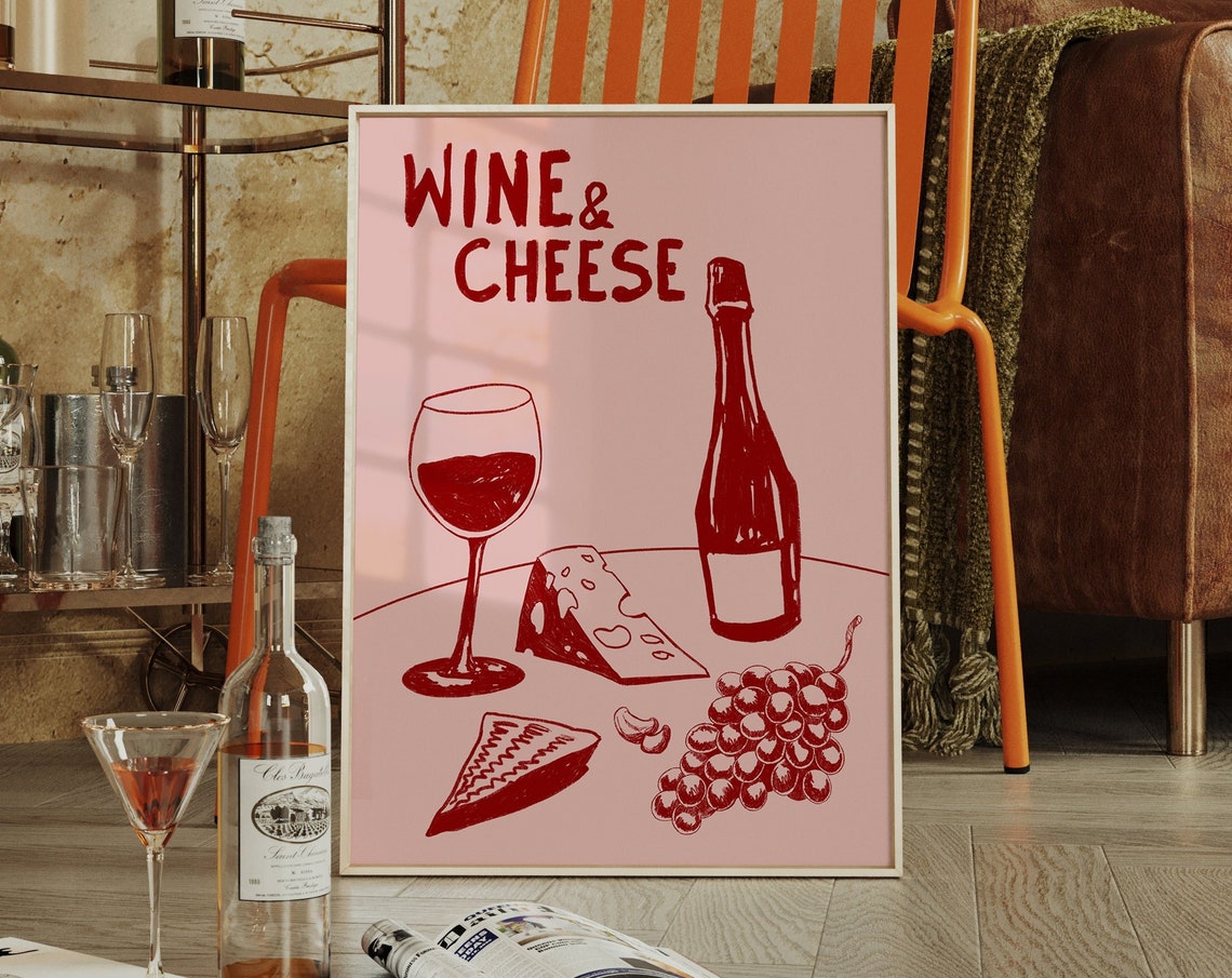 Wine And Cheese Mid Century Modern Pink Kitchen Bar Art Poster